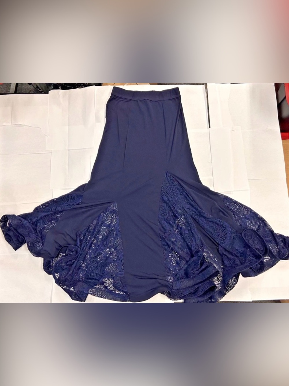 Navalee Couture Navy Blue Ballroom Dance Maxi Skirt Sheer Lace Godet S USA